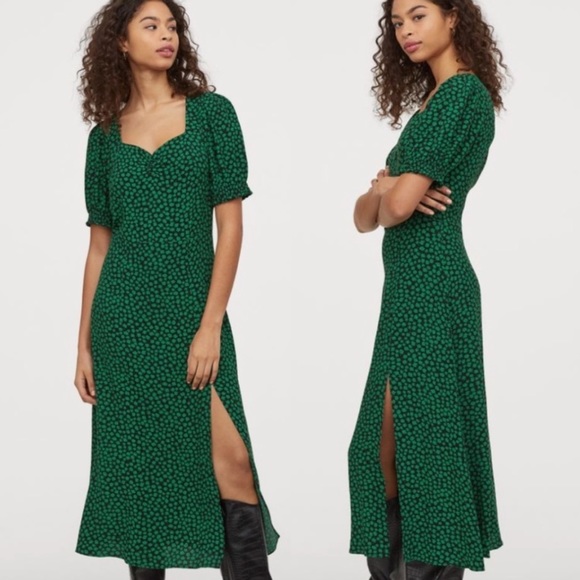 H&M Dresses & Skirts - H&M Black & Green Floral Patterned Midi Dress with Front Slit & Puff Sleeves XL